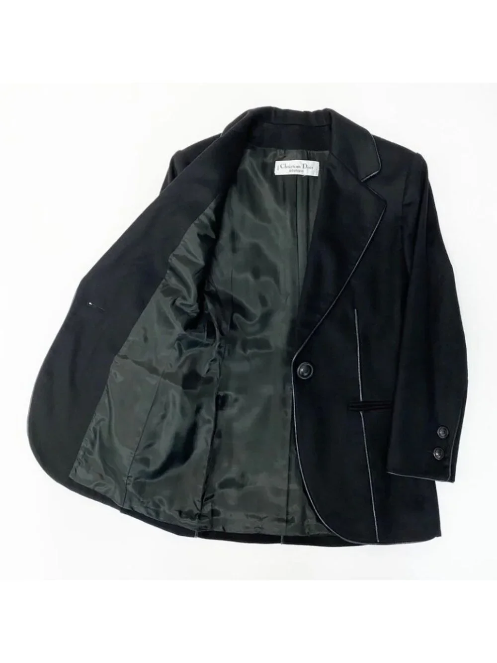 Dior Vintage Skirt Set Tailored Jacket Leather Piping Black